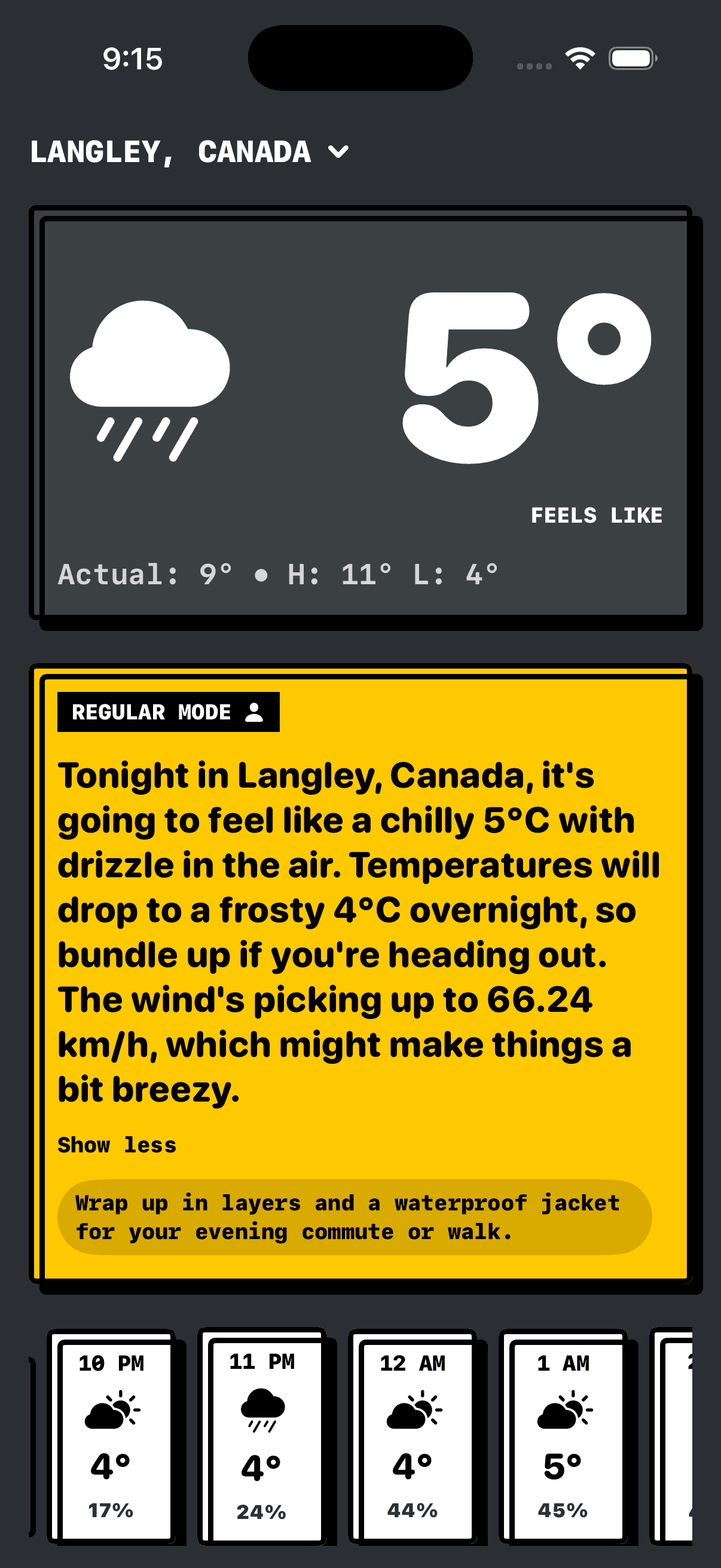 No BS Weather app dashboard showing Feels Like hero card and AI summary