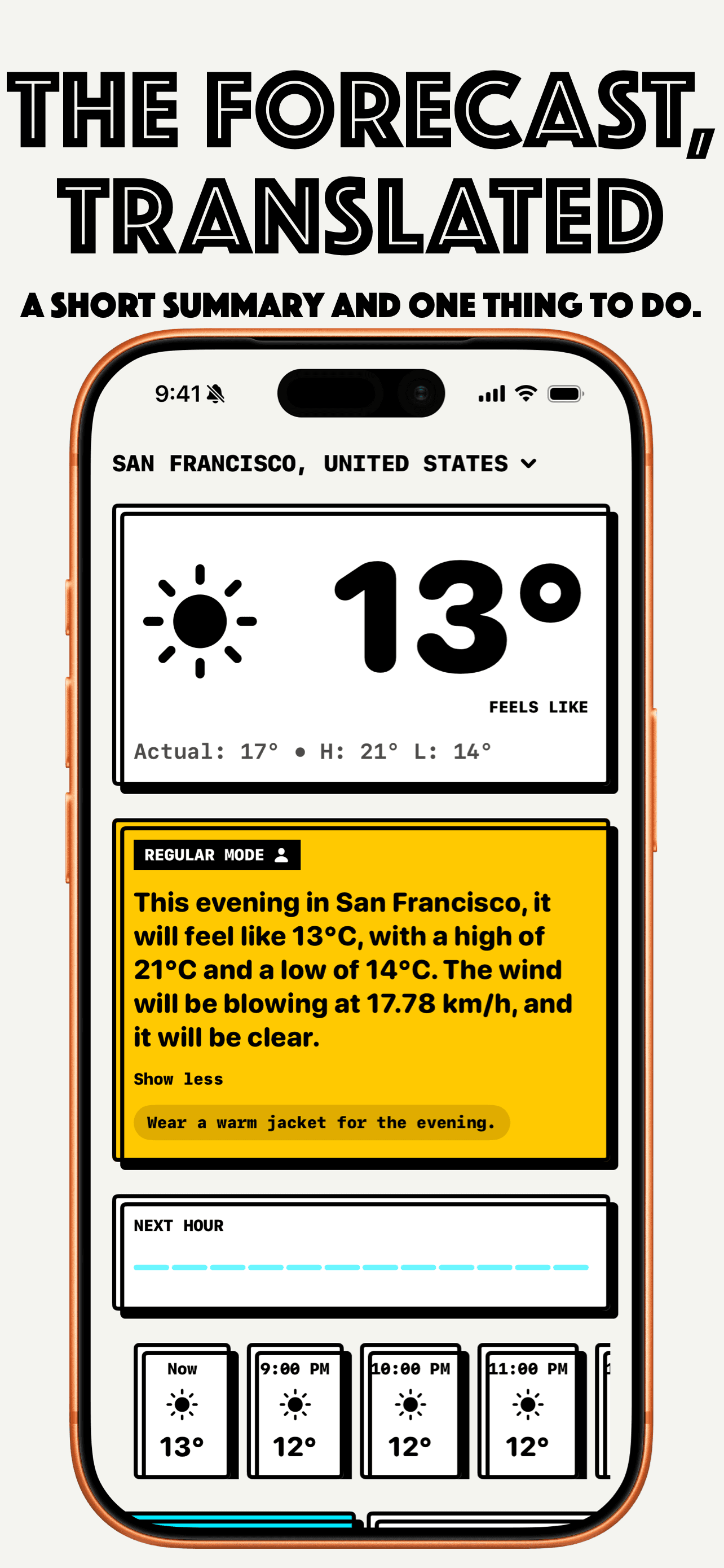 Feels-like forecast on iPhone, with the actual temperature underneath