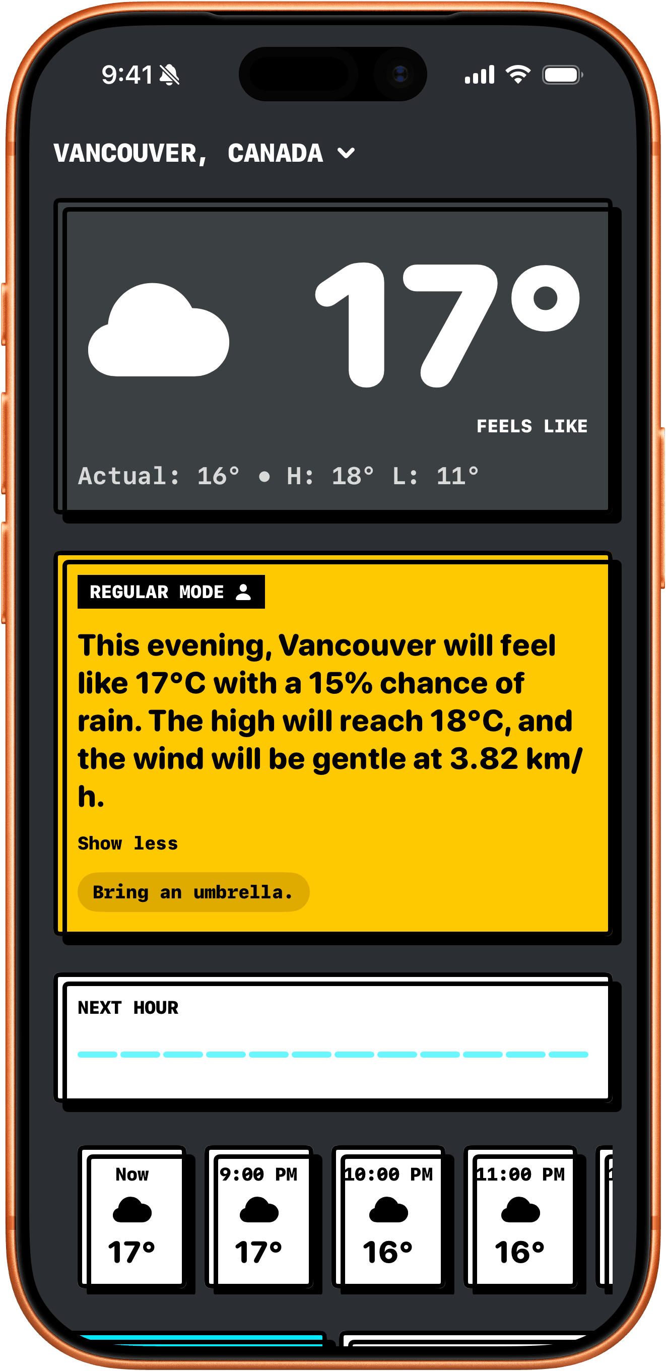 No BS Weather on iPhone in Vancouver. Feels like 17°, actual temperature underneath, Regular.